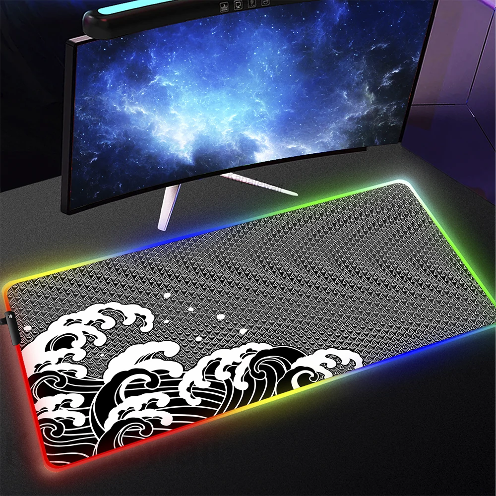 

RGB Mousepad Japanese Great Wave Off Mouse Pad LED Light Gaming Mouse Pad Gamer Luminous Keyboard Pads Backlit Desk Mat 100x50cm