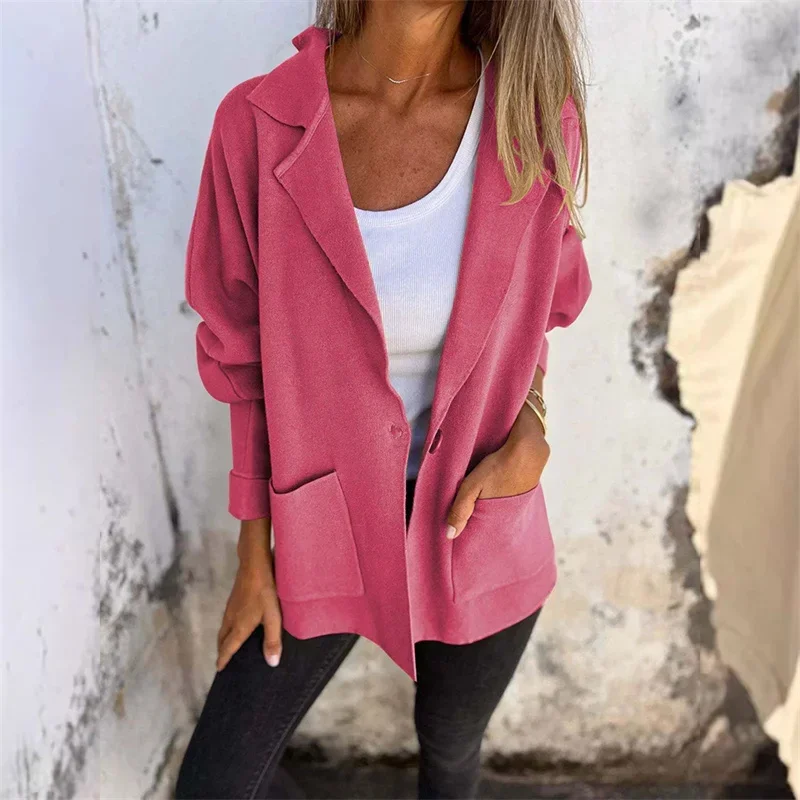 Casacos de cardigã de botão único para mulheres, bolsos duplos, bainha de retalhos, colarinho blazer feminino, casaco de mangas compridas, outono e inverno