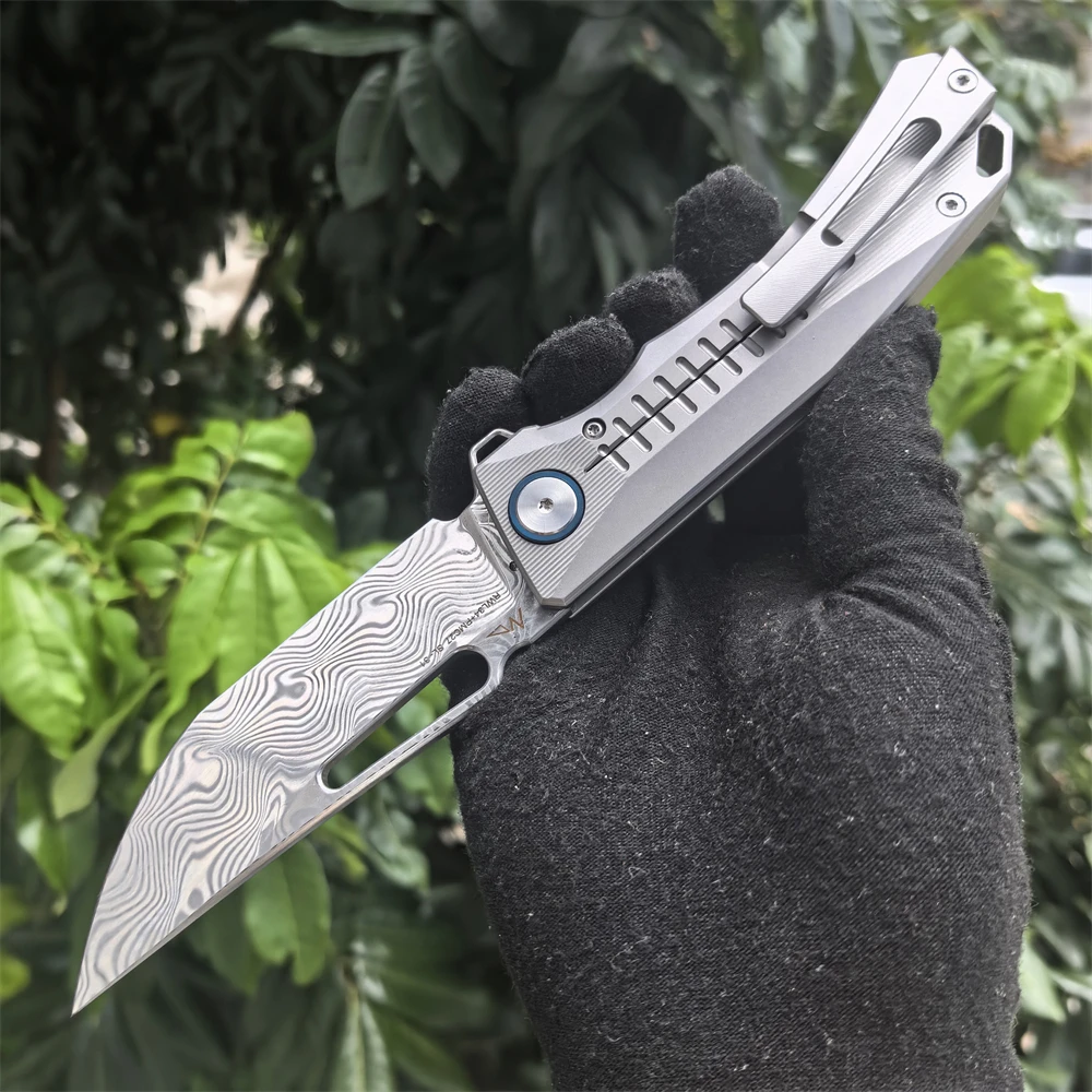 Original Folding Knife RWL34 Damascus Steel Titanium Alloy Handle Camping Outdoor Survival Hunting Knife EDC Defense Tool