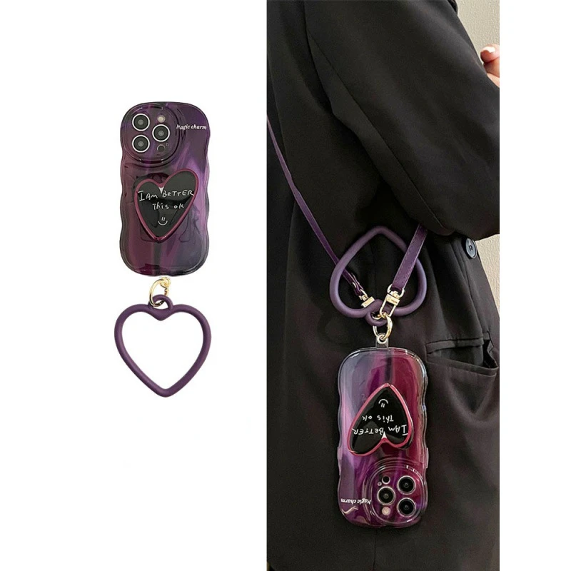 

New Suitable for iPhone 15promax Gradient Dark Purple Love Holder Case 14pro Love Bracelet 12 13 Crossbody 11 Protection Cover