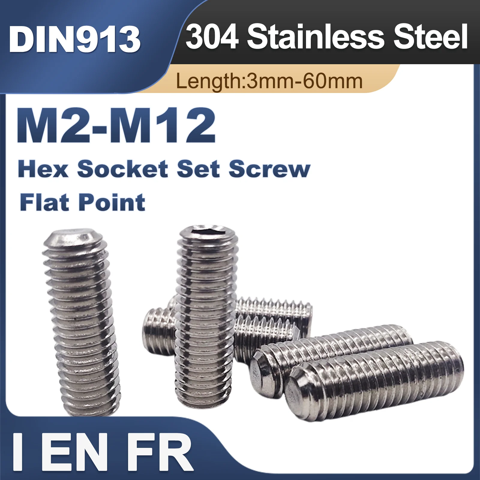 1/50X M1.6 M2 M2.5 M3 M4 M5 M6 M8 M10 M12 M14 M16 DIN913 Stainless Steel Hex Hexagon Socket Allen Flat Point Set Screw Grub Bolt