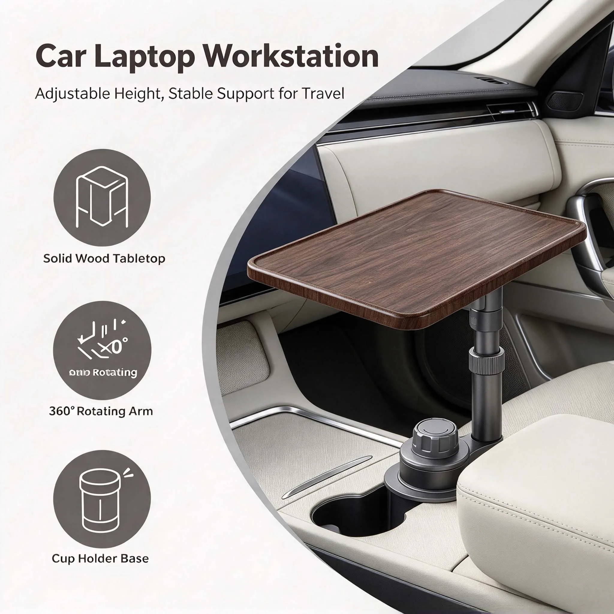 Magnetic Support Arm Car Laptop Desk Height-Adjustable 360° Rotating Solid Wood Portable Workstation Dinner Table for Auto SUV