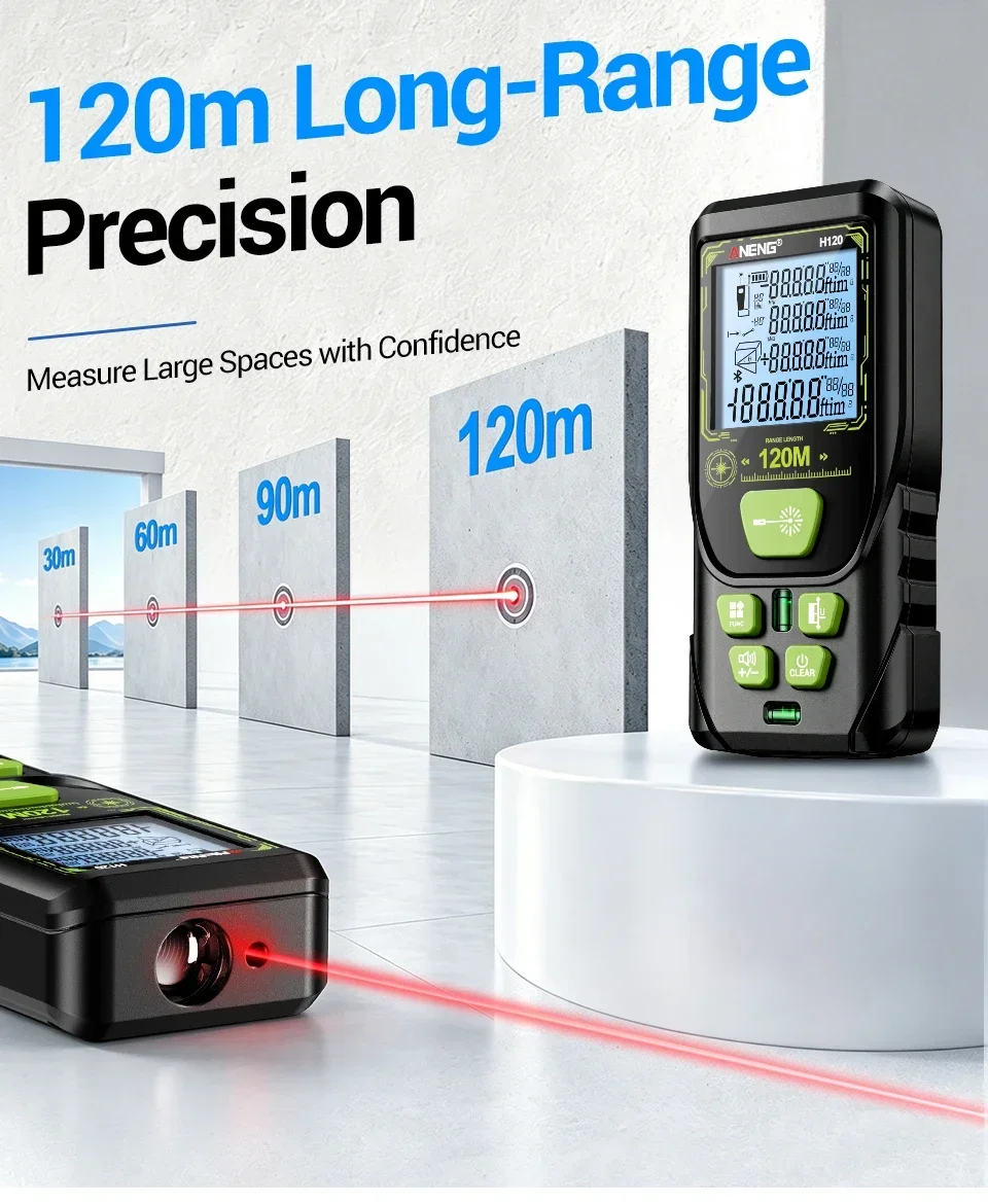 ANENG H120 Digitaler Laser-Entfernungsmesser Hohe Präzision ±3mm Tragbarer Mini-Laser-Messgerät 0,05m~120m Fläche/Volumen Multifunktions-Tester – Detail 2