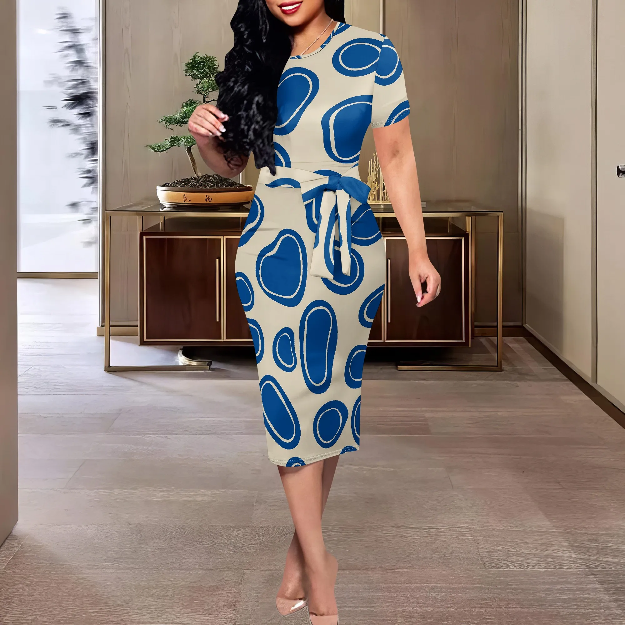 

Retro Abstract Print Midi Dress XS-3XL Short Sleeve Belted Style for Summer Streetwear, Art Event or Bold Casual Look