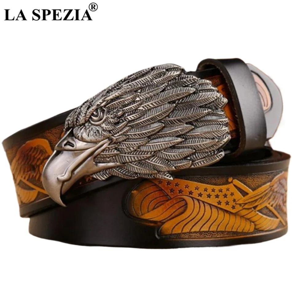 

LA SPEZIA Big Size Real Leather Belt Men Gold Eagle Pin Buckle Belt Male Brand Genuine Cowhide Leather Designer Belts 130cm