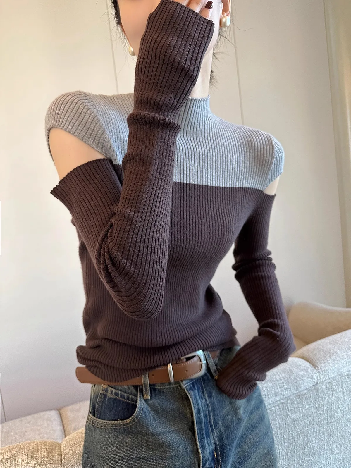 

Sweet Hot Girl Turtleneck Off Shoulder Knitwear Women's Autumn/winter Long-sleeved Slim-fit Sweater Fashion Female Clothes