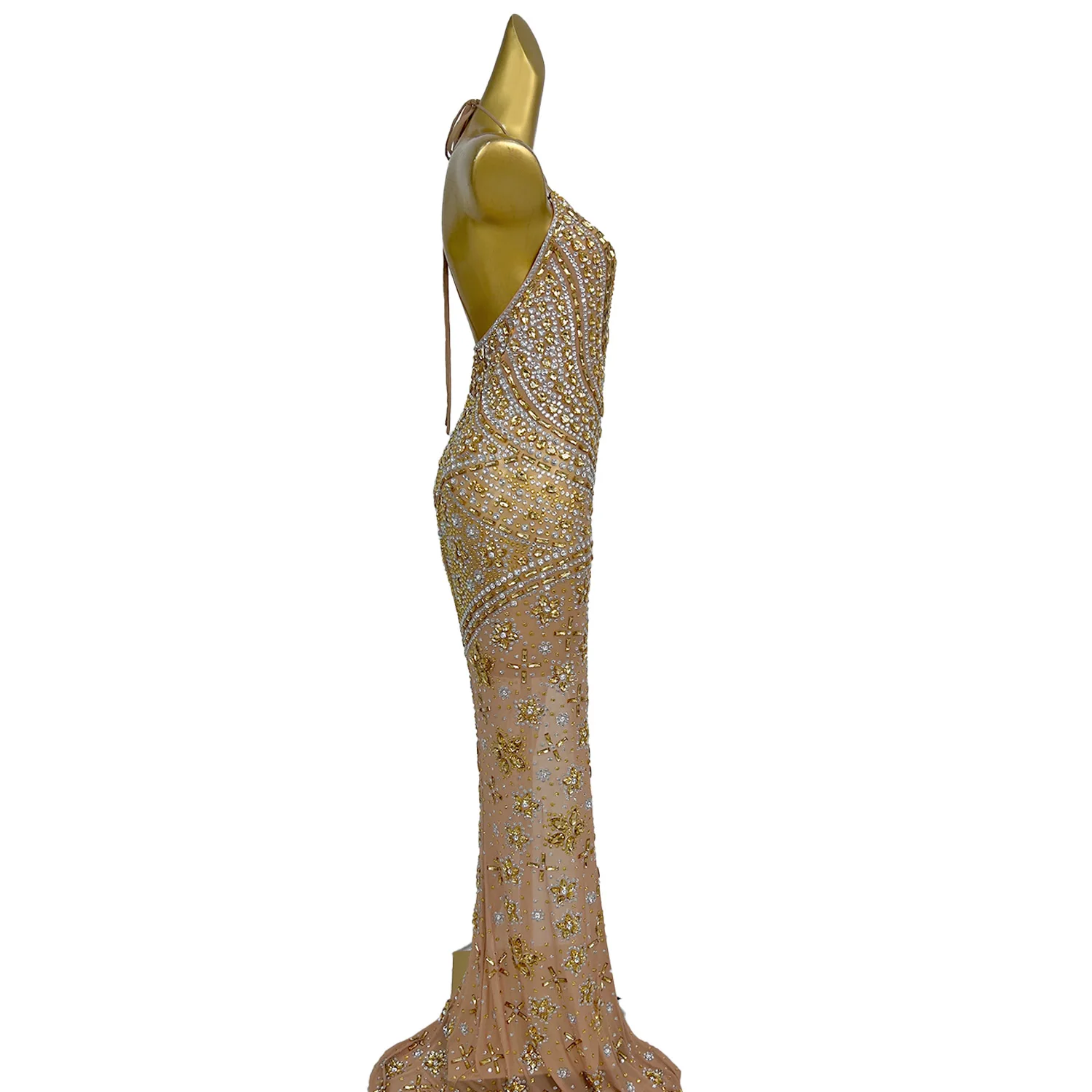 Xiaoxianghua Sexy V-hals Backless Avondjurk Gouden Strass Transparante Mesh Hals Hangin Verjaardag Cocktail Party Jurk