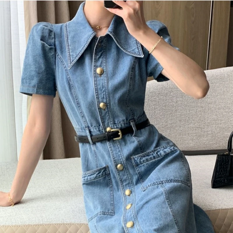 Blue Vintage Denim Dress Women 2024 Spring Summer New Fashion Button Midi Jean Shirt Dresses A- Line Long Vestidos Para Mujer