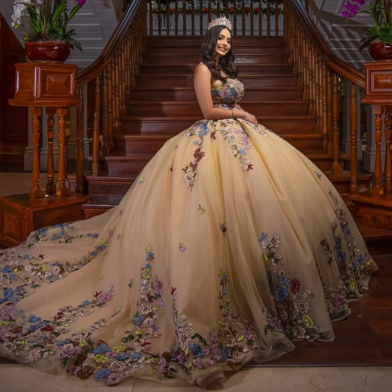 الشمبانيا فساتين Quinceanera الكرة ثوب قبالة الكتف زين الدانتيل الديكور كريستال تول الحلو 16 فستان Vestidos 15 De Anos