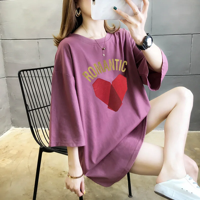 

Летняя новая повседневная футболка больших размеров, модная женская повседневная свободная футболка с круглым вырезом и пятью рукавами с принтом