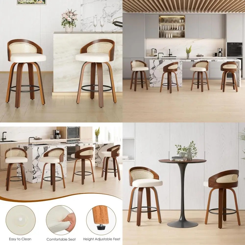 Juego de 2 taburetes de bar giratorios, estructura de madera moderna con respaldo de ratán, taburete de cuero pu para encimera de cocina, ba tapizado de mediados de siglo