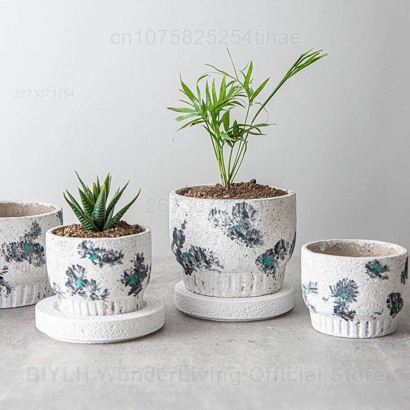 Retro Small Flower Pot New Ink Feng Shui Clay Flower Pot Succulent Simulation Green Plant Utensils Home Decoration Pendulum