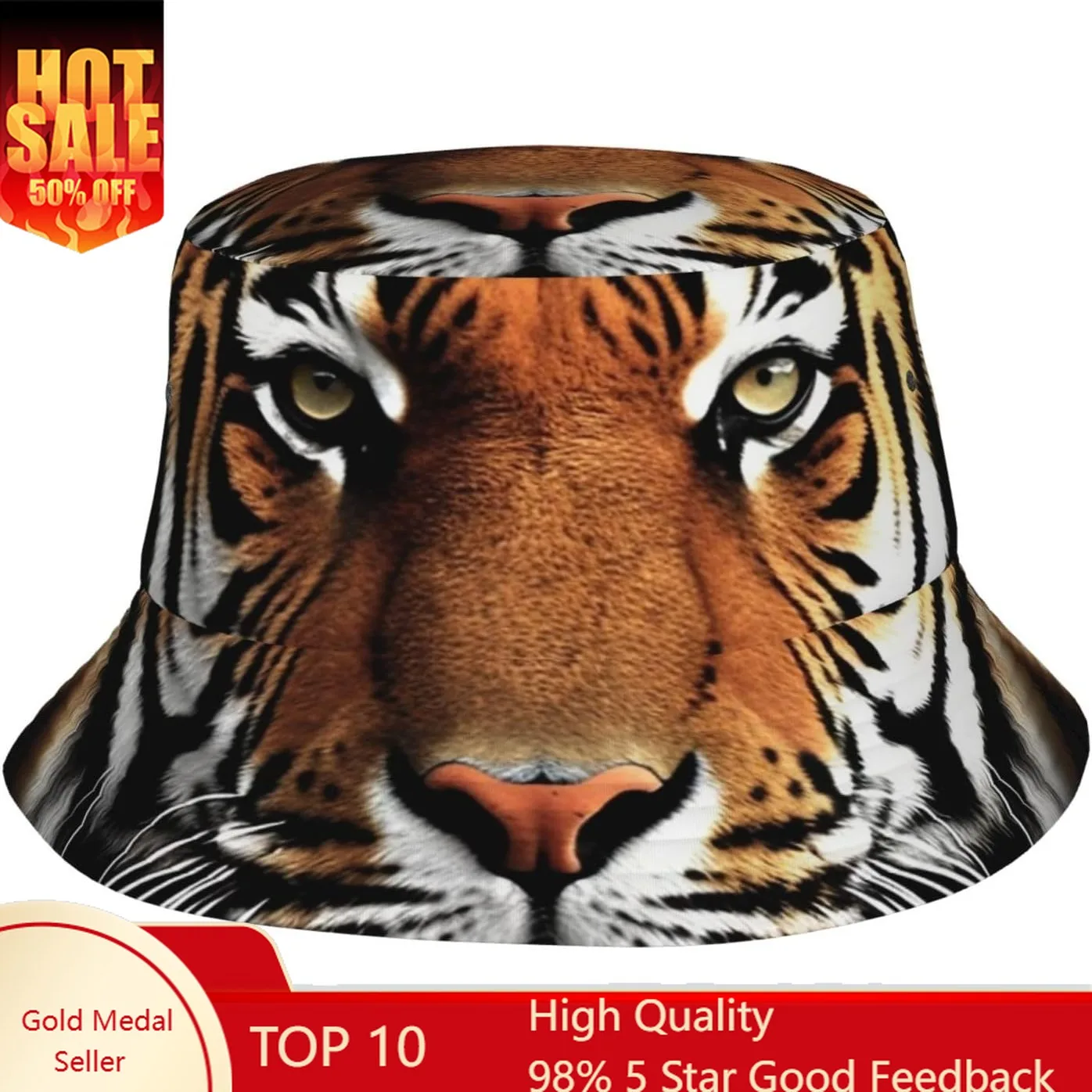 

Unisex Bucket Hat Fashion Fishing Hat Summer Travel Fisherman Cap Tiger Face Cute Sun Hat Black