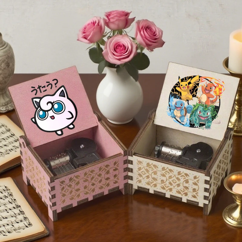 Caixa de música pokemoned tema ornamentos festa de madeira mão manivela caixa musical dia dos namorados aniversário feriado presentes natal quente