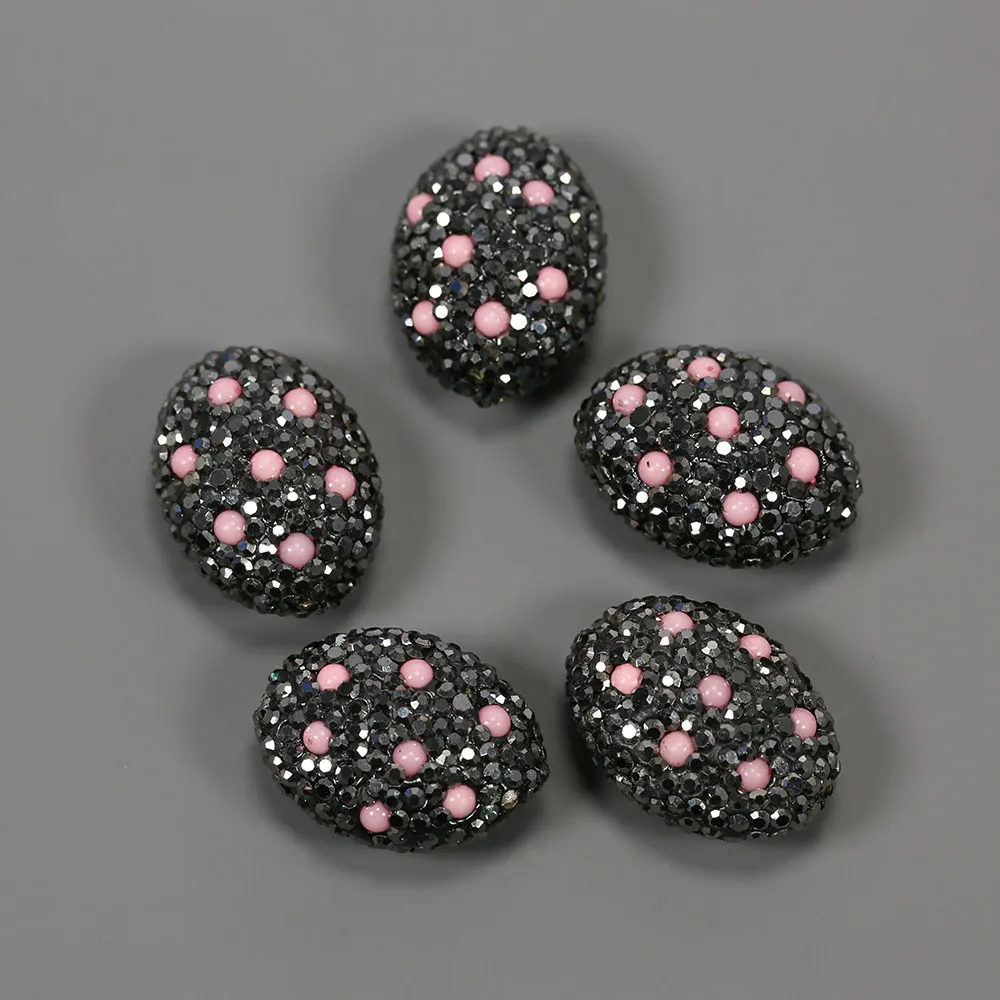 APDGG Wholesale 5 Pcs Oval Shape Pink Coral CZ Pave Black Rhinestone Pave Beads For Pearl Necklace DIY Jewelry Findings
