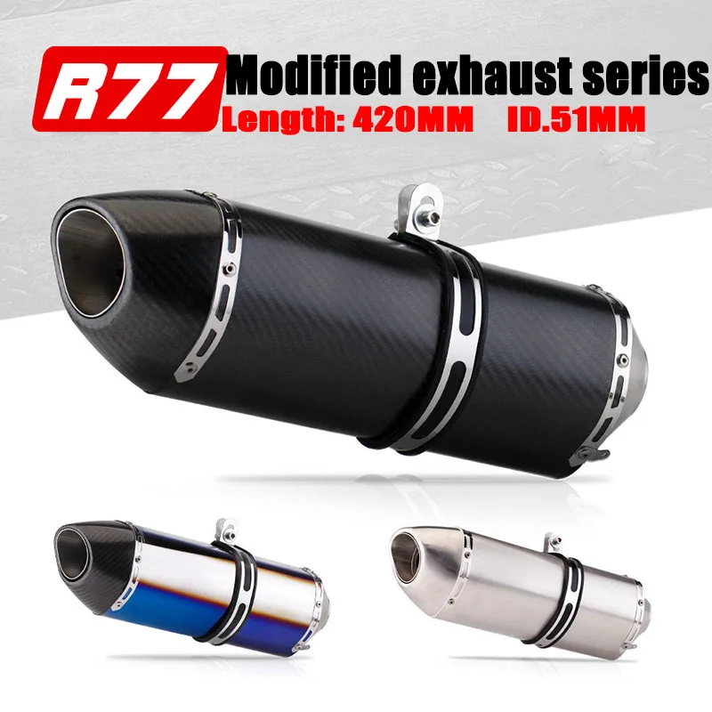 51mm Universal Motorcycle R77 Modify Exhaust Muffler with DB Killer and Sticker for CBR650R NINJA650 Z900 R1 GSXR750 MT07 F900XR