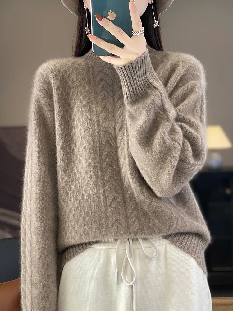 Autumn Winter Women Thick Sweater Mock Neck Pullover Twist Flower 100% Merino Wool Soft Warm Cashmere Knitwear Korean Fashion