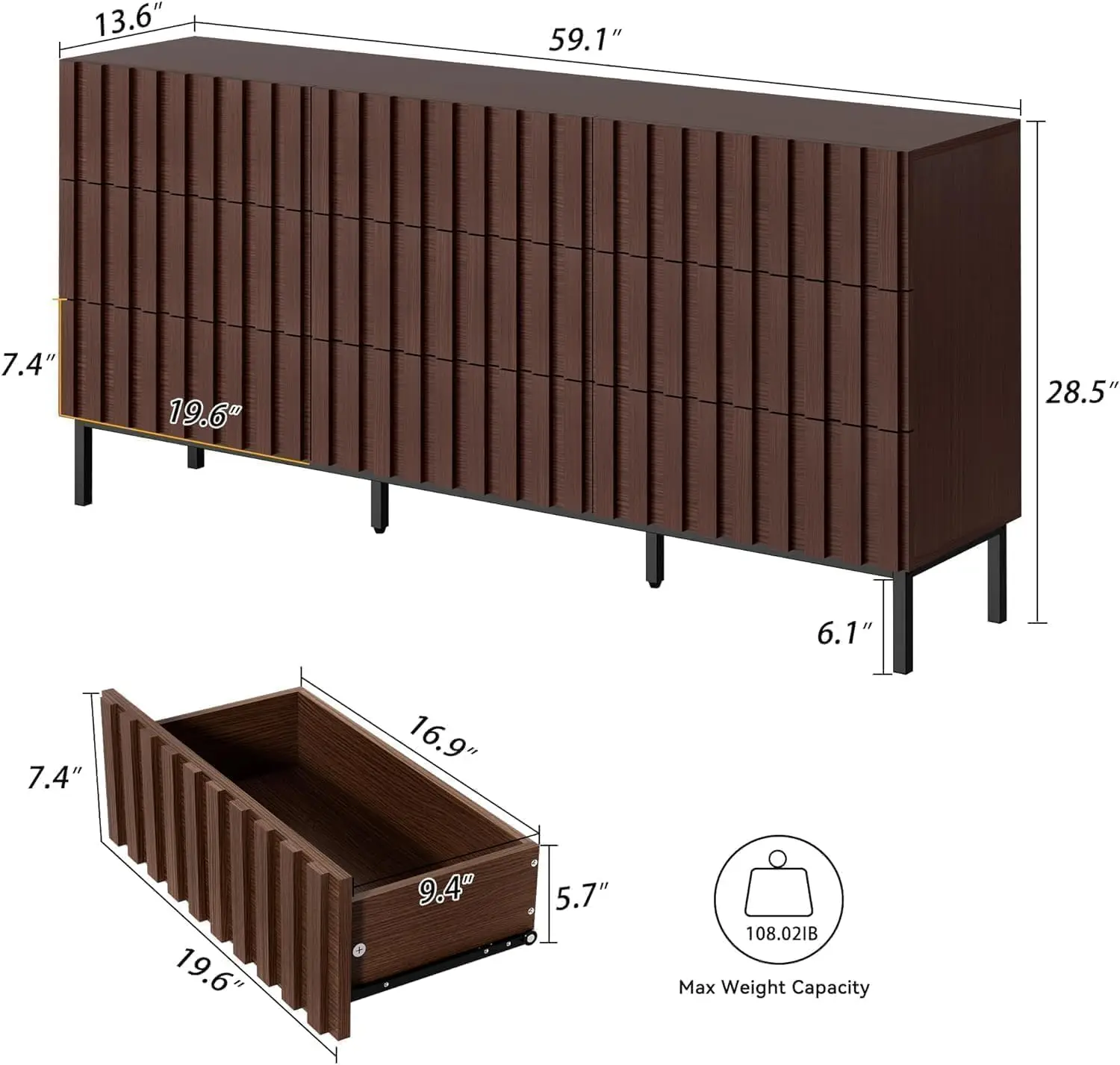 Mid Century 9 Drawer Dresser and Nightstand Set,Modern Two Drawers Night Stand,3 Pieces Bedroom Furniture Set(Black Walnut)