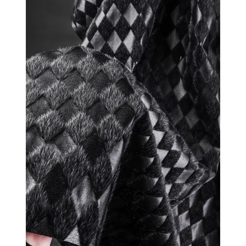 Black and White Diamond Shaped Three-dimensional Plush Leather Texture Creative Reconstruction Bag Skirt  Jacket Clothing Fabric