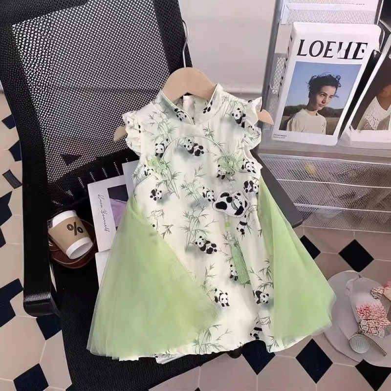 

XH-Girls' Summer Dress2024New Baby National Style Cheongsam Dress Little Girl Hanfu Children's Mesh Princess Dress