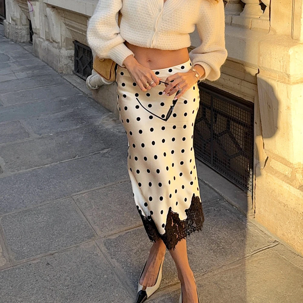 

Tuularose Elegant Women's Maxi Skirts Summer Lace Patchwork Polka Dot Contrast Casual Skirt High Waist Commuting New Women Skirt