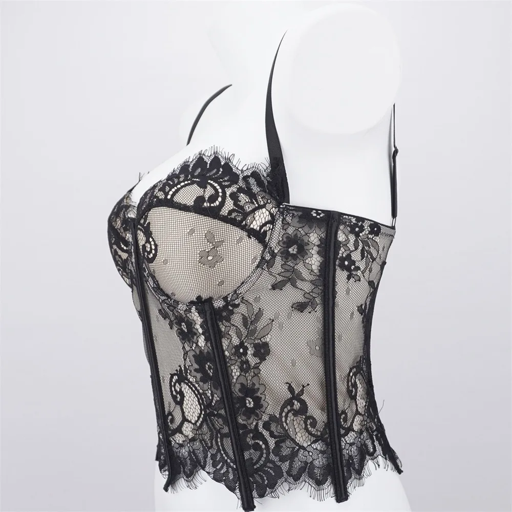 Elegantes, hohles Spitzen-Camisole, schmal geschnitten, transparentes Crop-Top, ärmellos, Streetwear, Trägerweste, für Reisen – Detail 4
