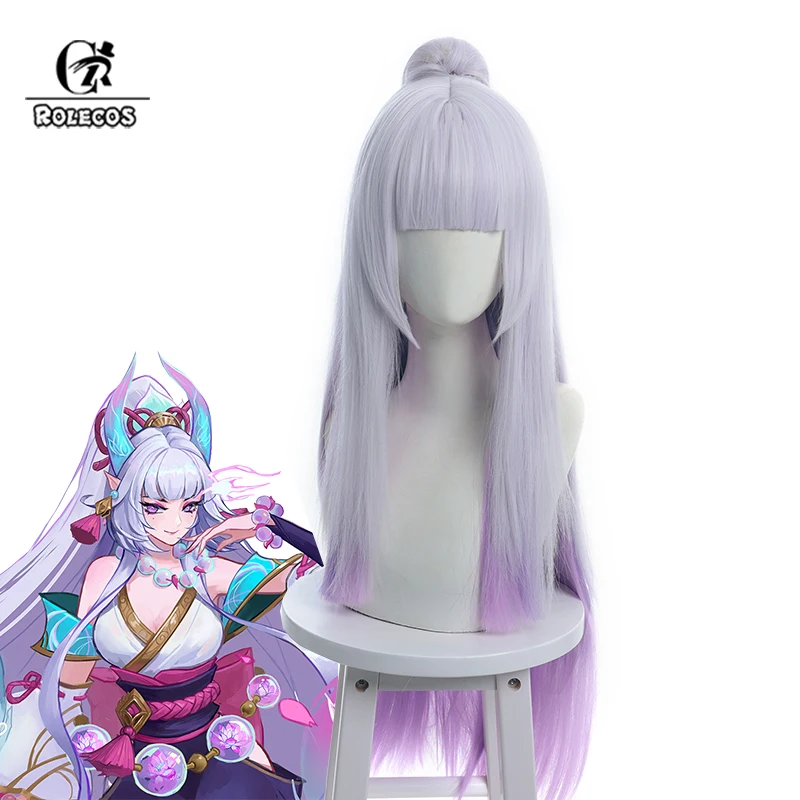 

ROLECOS LOL Spirit Blossom Syndra Cosplay Wig 80cm Mixed Color Women Cosplay Wigs with Ponytail Heat Resistant Synthetic Hair