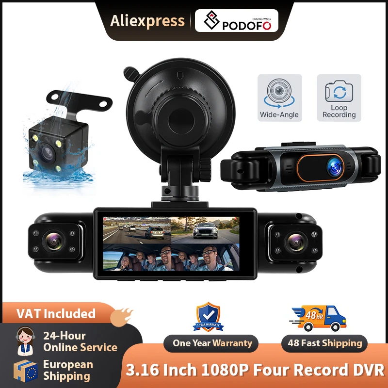Podofo 4-Linsen-Dashcam 3,16 Zoll, Loop-Aufnahme, Nachtsicht, Auto-DVR, Rückfahrkamera, Auto-Fahrtenschreiber, Auto-DVR, Parküberwachung