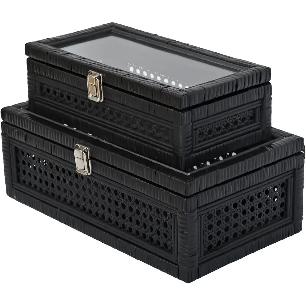 

Elegant Stackable Storage Boxes Set of 2 with Glass Lid, Handcrafted for Rustic Home Organization (Black, 14.1x8.2x5.1)