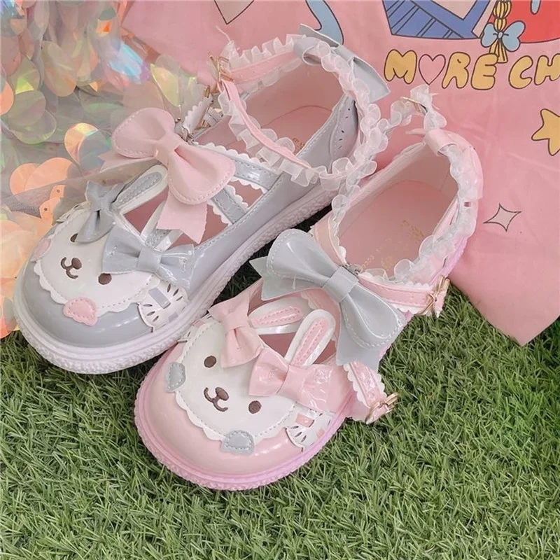 Chic Lolita Shoes Women Kawaii Japanese Style Zapatillas Mujer Sweet Cute Bunny Round Head Doll Shoes Girls Harajuku Flat Shoes