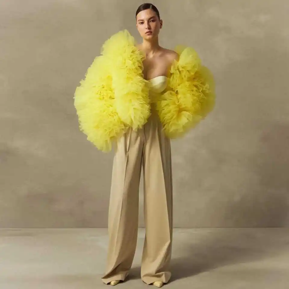 

Charm Female Top Layered Jacket Tiered Yellow Ruffle Tulle Blouse Women Jacket with Sleeves Tulle Fashion Top Layered Jacket