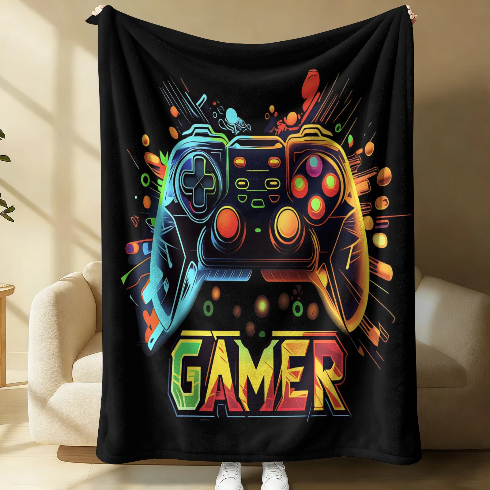 Color Neon Gamepad Explosion Effect Full Print Throw Blanket Modern Esports Flannel Blanket For Bed Sofa Dorm Man Cave Decor