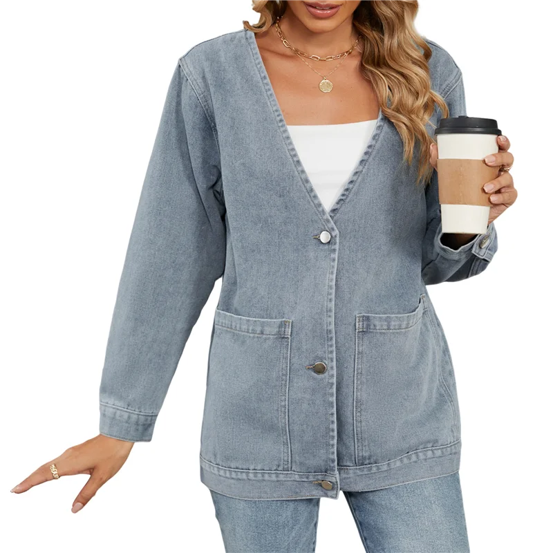 2025 Trend Women Fall Fashion Button Down Denim Cardigan Jackets Trendy V Neck Long Sleeve Jean Winter Coat Outerwear