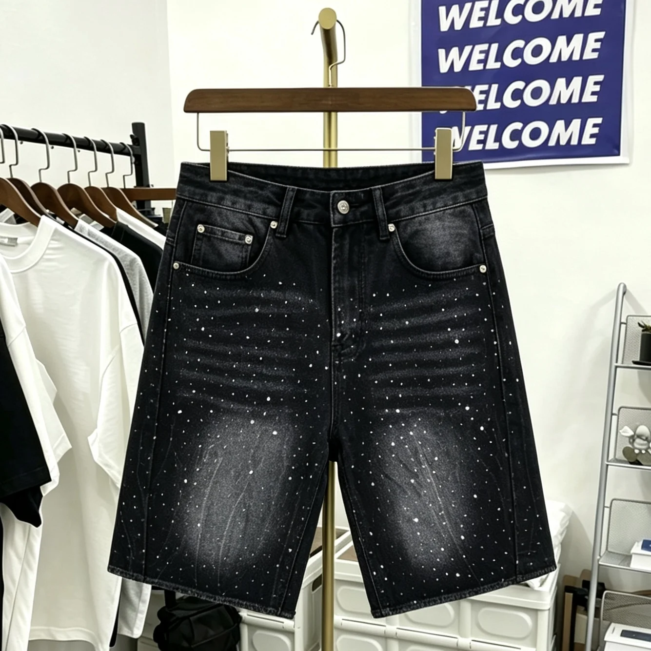 Tianxing Rhinestone Men's Denim Shorts Vintage Distressed Five-minute American High Street Wide-leg Pants Cotton Straight-leg...