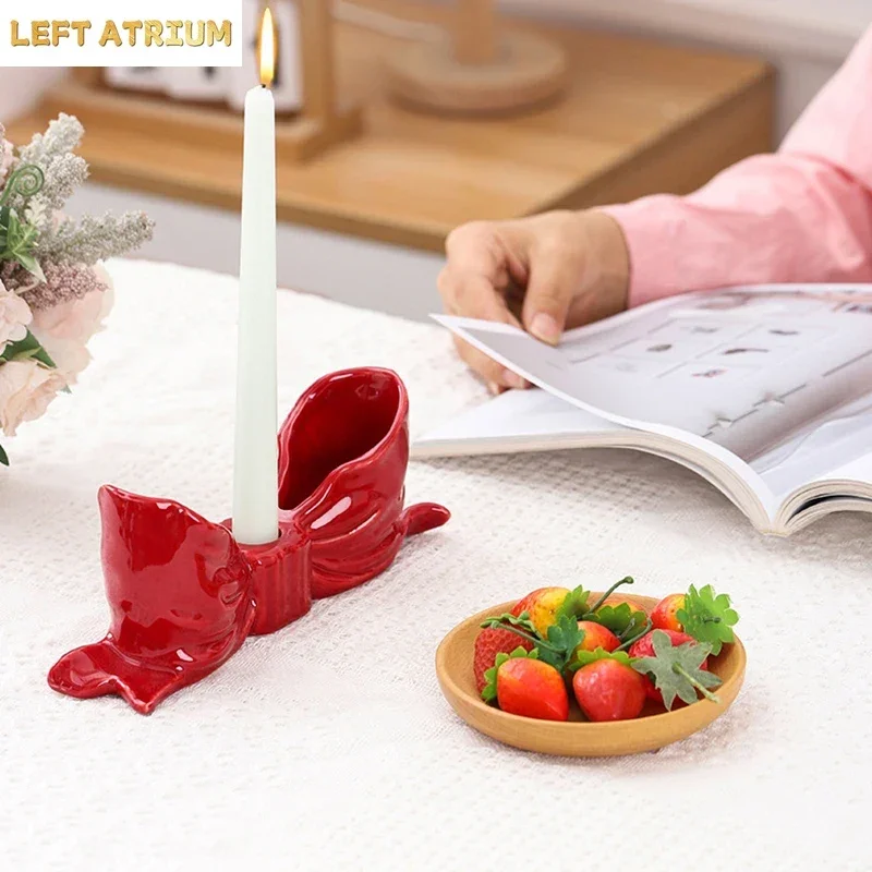 Bowknot-shaped Ceramic Candle Holders Desk Decoration Romantic Candlestick Wax Melt Burner Candle Stand Room Aesthetic Decor