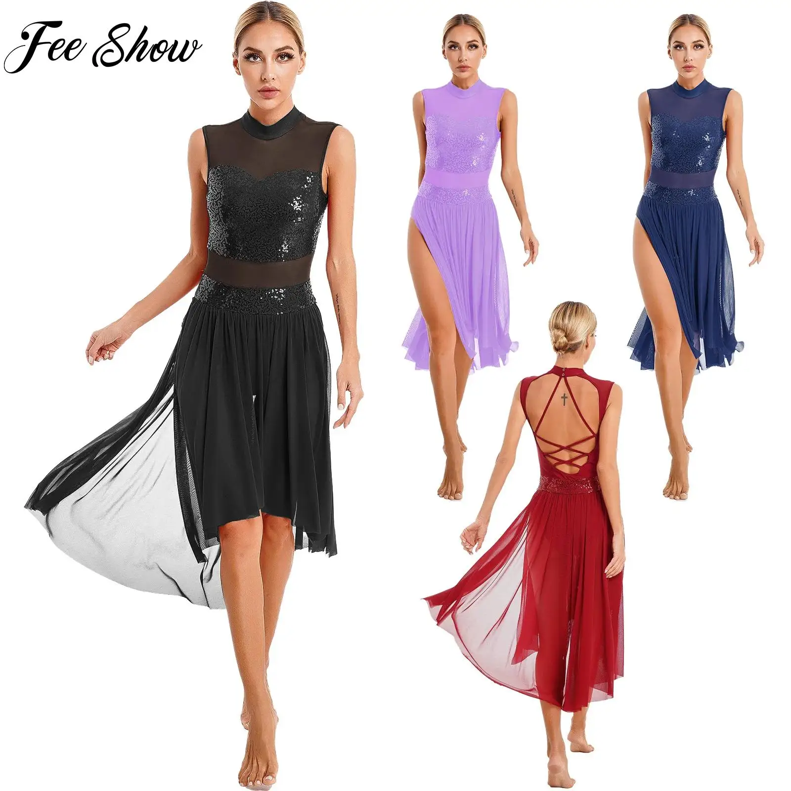 

Lyrical Dance Dress for Womens Latin Jazz Modern Contemporary Dance Performance Fashion Costumes Sparkly Sequins Leotard Dresses