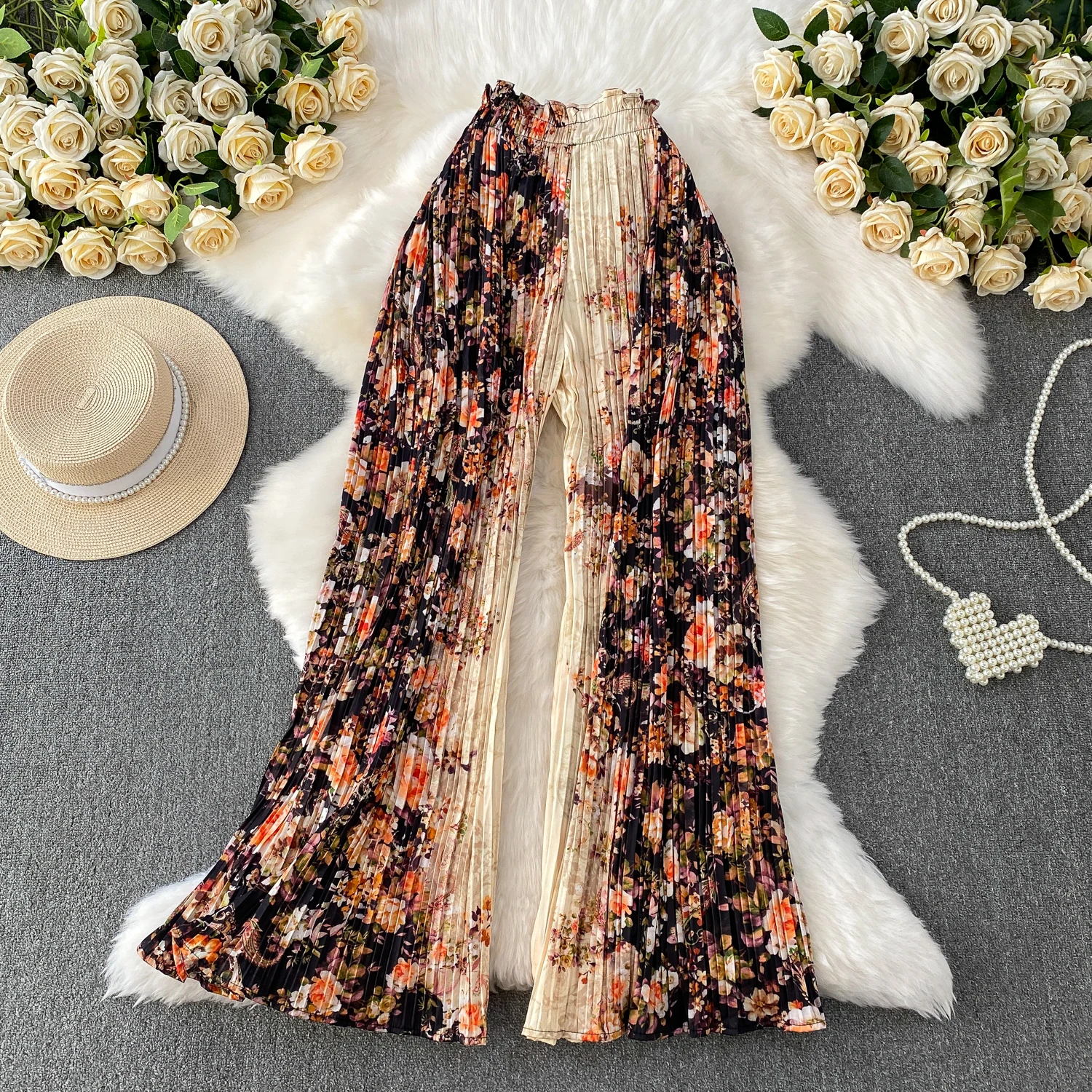 Women summer fashion high waist wide leg pants European style solid color pleated trumpet pants