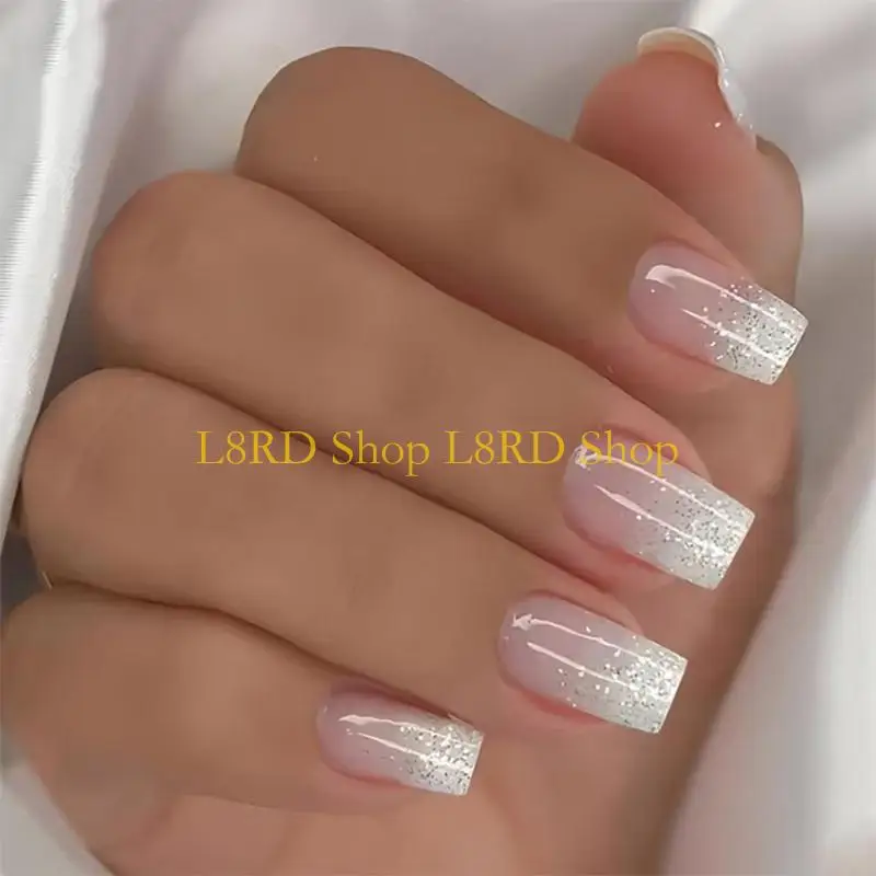L8RD 24 Pcs Gradient Acrylic Short Square False French Tip Press On Glitters Full Cover False