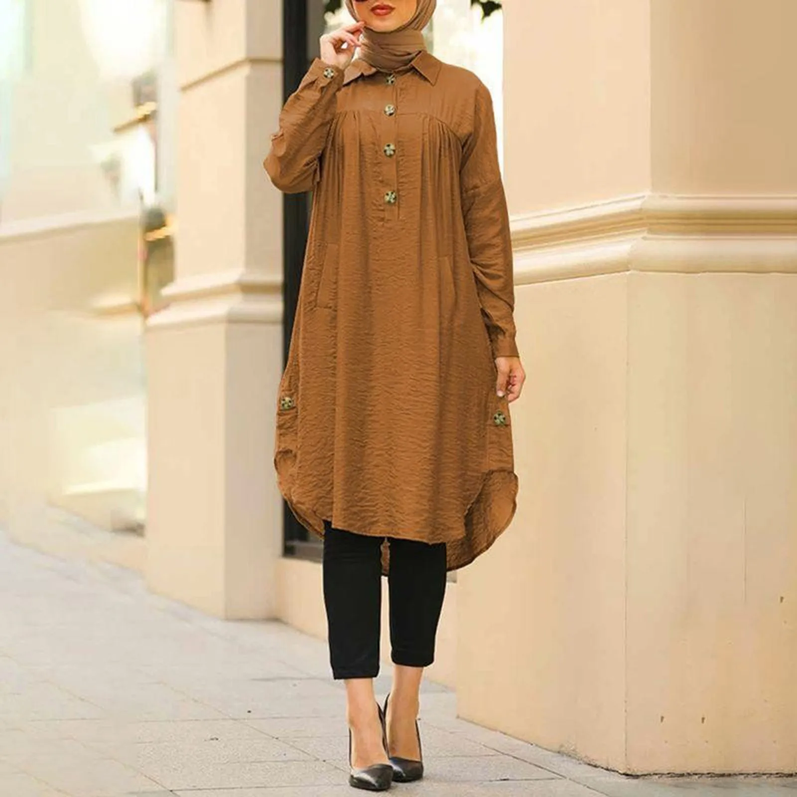 2024 Summer Muslim Solid Blouse For Women Simple Cotton Linen Long Shirt Saudi Arabia Islam Femme Tops Lady A-Line Shirt Dresses