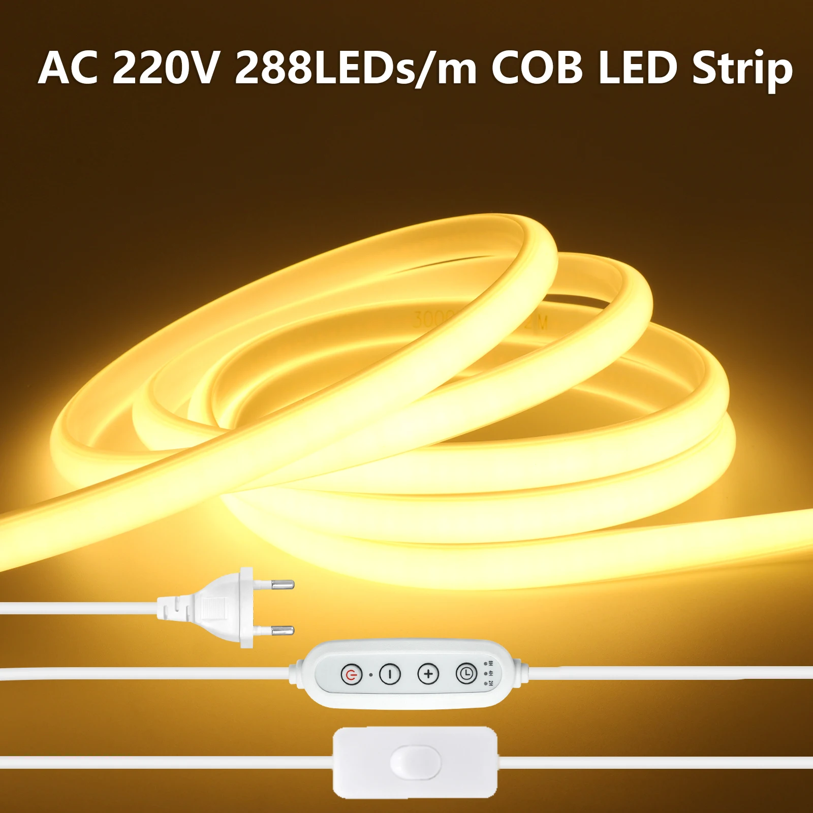 

220V Dimmable COB LED Strip Light Waterproof 288LEDs/m LED Strip with Switch/Timmer Dimmer and Plug Kitchen Room Decor Lighting