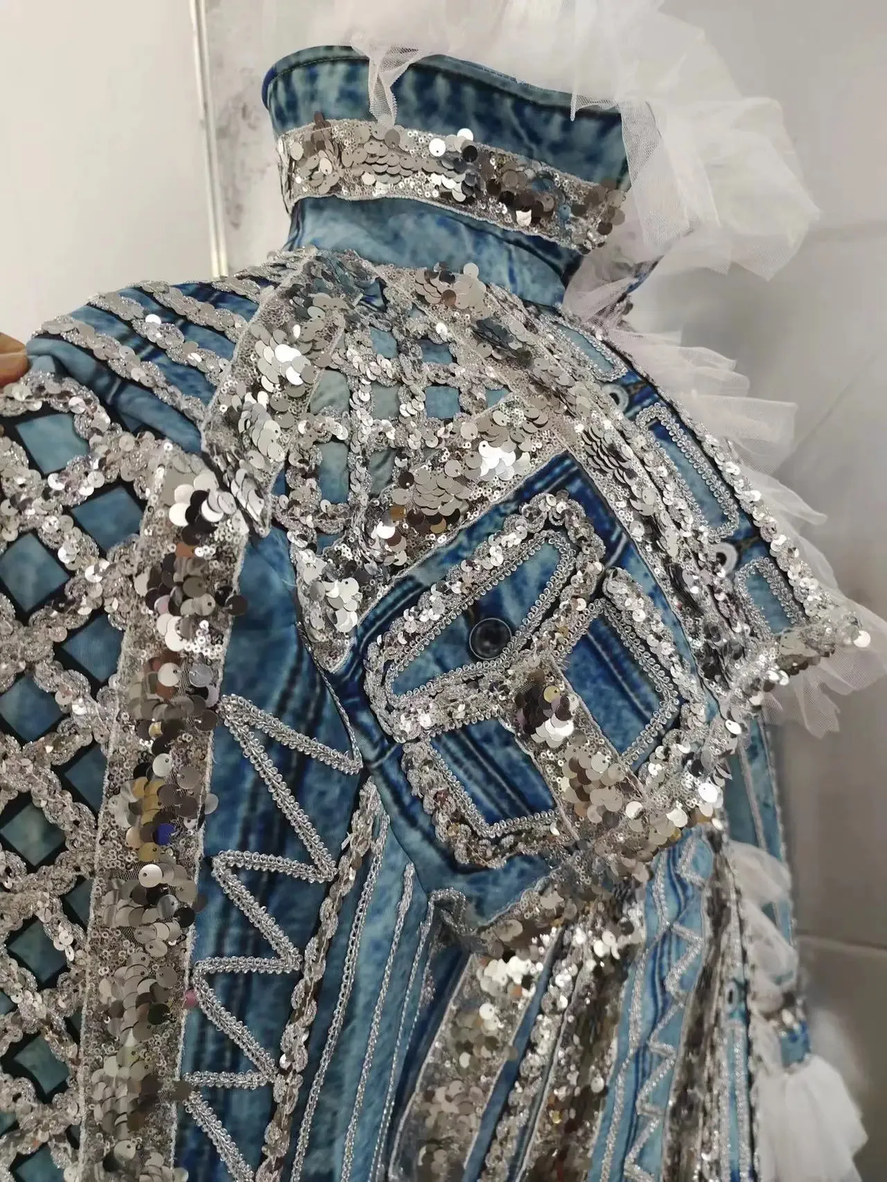 Faux Denim Pailletten Kurze Jacke Mini Rock Outfit Sexy Bühne Tragen DJ Sänger Bar Nachtclub Jazz Dance Kostüm Party Show Kleidung