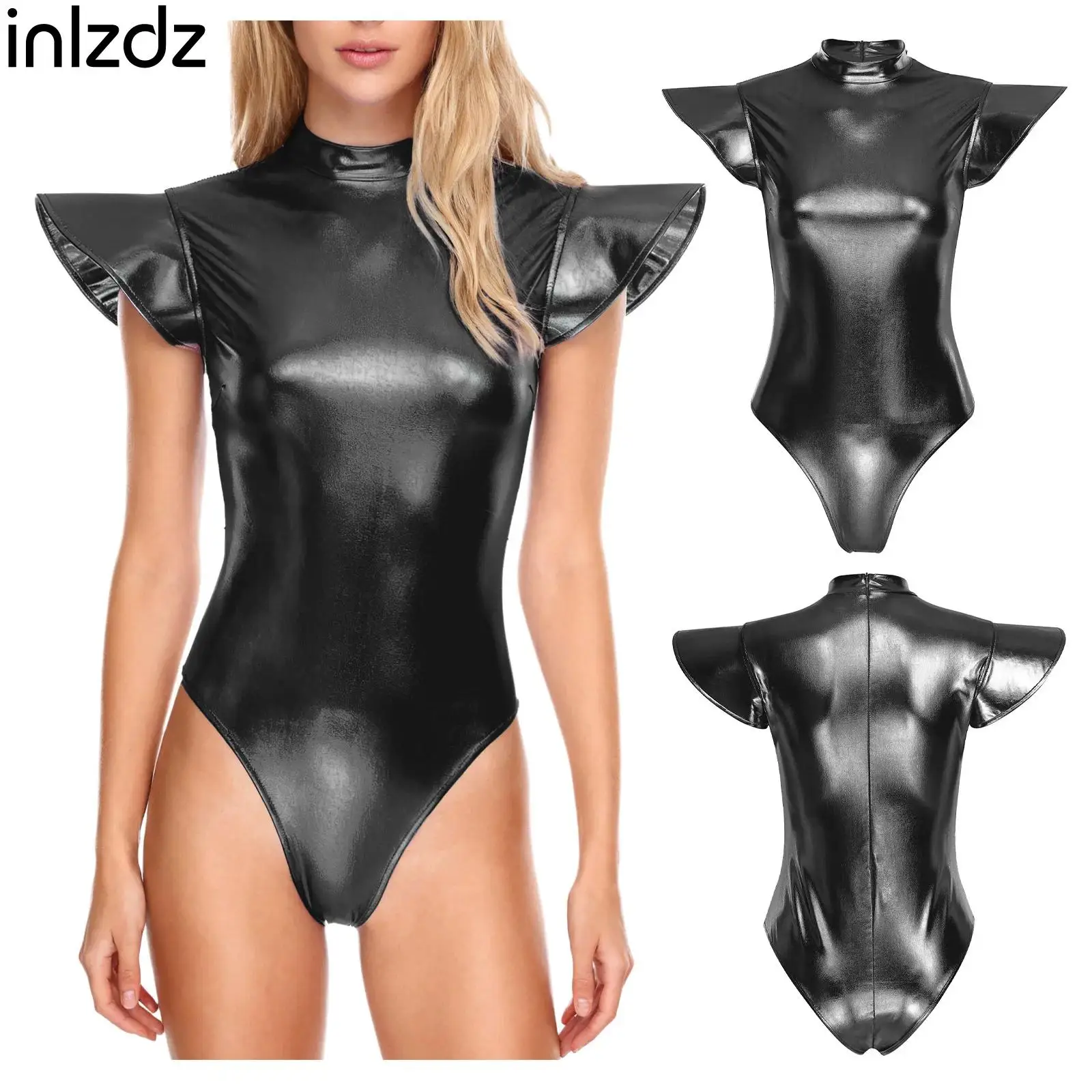 

Women's Metallic Shiny Bodysuit Fly Sleeve Zipper Leotard One-piece Jumpsuit for Club Dance Space Themed Cosplay Performance
