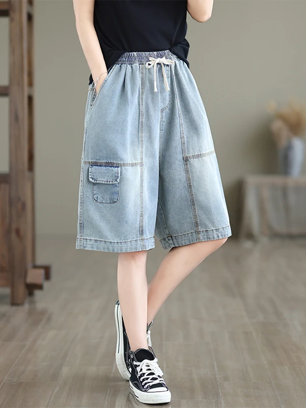 

Women's Summer Casual A-Line Wide Leg Jeans Shorts Slimming Versatile Straight Five-Quarter Length High Waist Regular Thickness