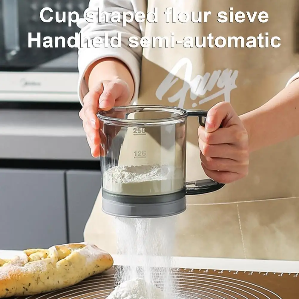 Handheld Flour Sifter Transparent Food-Grade Plastic Manual Flour Sieve Double-Layer Measuring Cup Flour Sifter for Baking Sugar