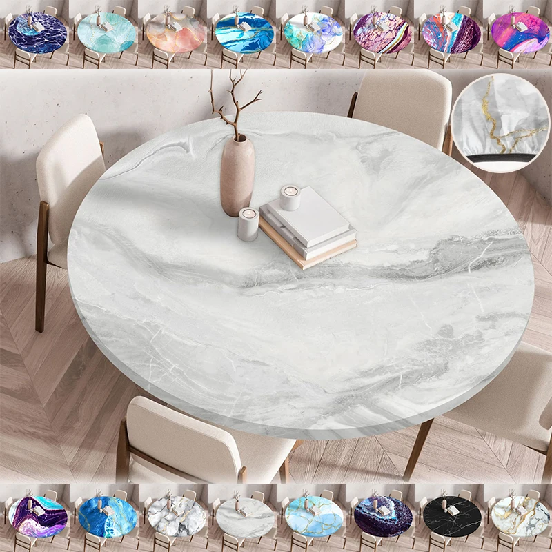 2025 New Round Marble Tablecloth with Exquisite Pattern Elastic Edge Design Waterproof Washable Round Table Cushion TableDecor