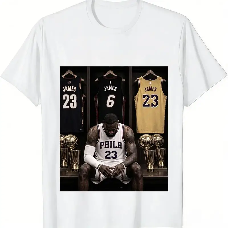 Women's Men's LeBron Philadelphia 76ers Vintage Graphic T-Shirt, Pure Cotton Crew Neck, Asymmetric Print Medium-Length Top