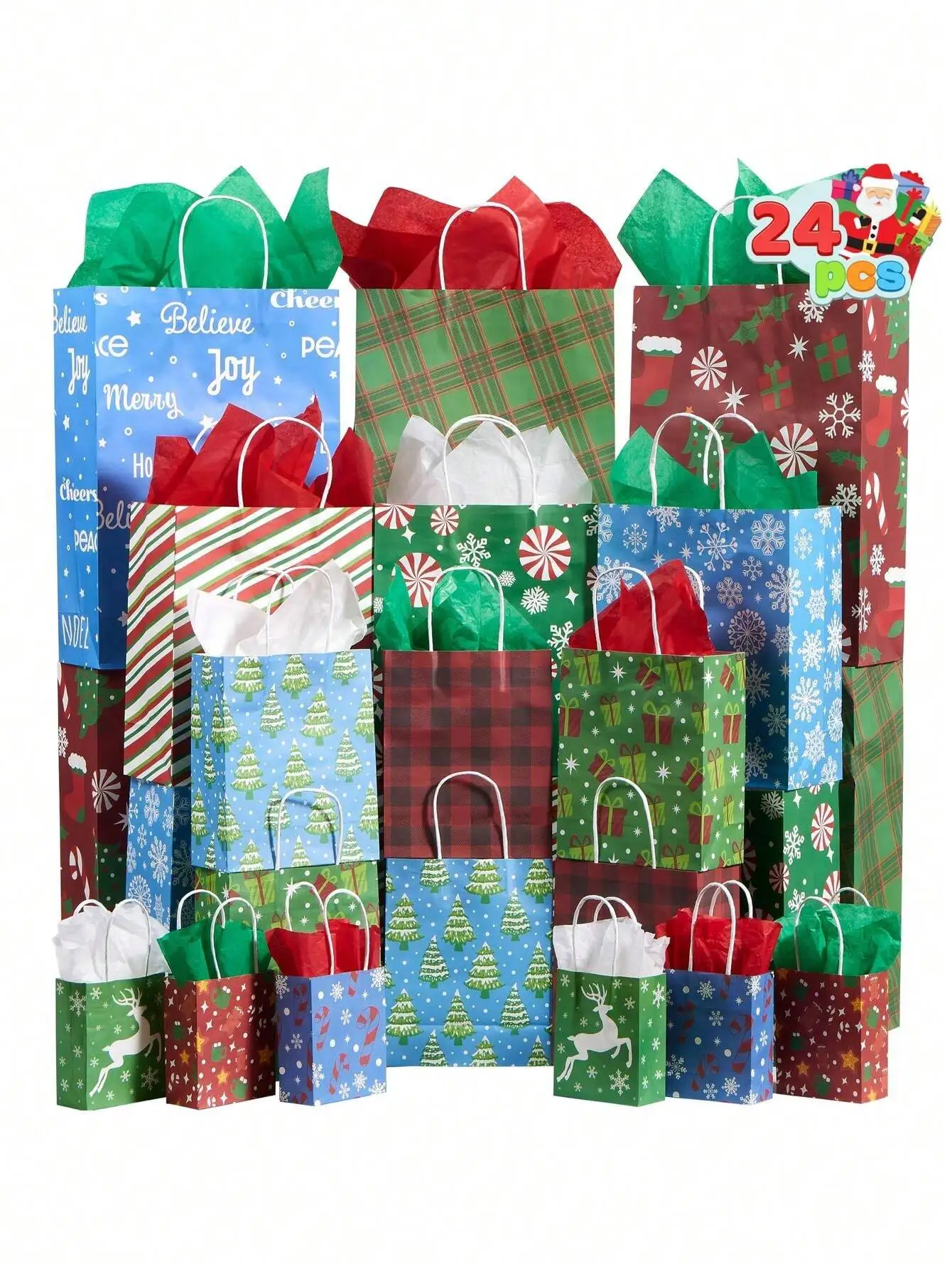 

Joyfy 24PCS Multi-Size Handle Gift Bags Bulk for Xmas Holiday Party Goody Wrapping