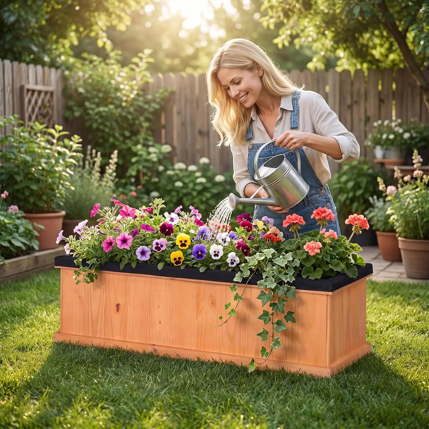 Wooden Raised Garden Bed with Drainage Holes & Liner, 2 Pieces Solid Fir Wood Planter Box for Flower Vegetable, Customized