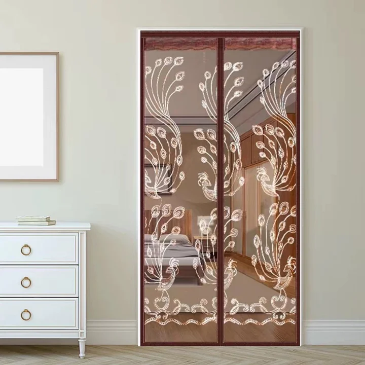 Magnetic No-Drill Mosquito Screen Door Curtain for Home, Coffee Brown Peacock Tail Embroidered Breathable Mesh Netting for Summe
