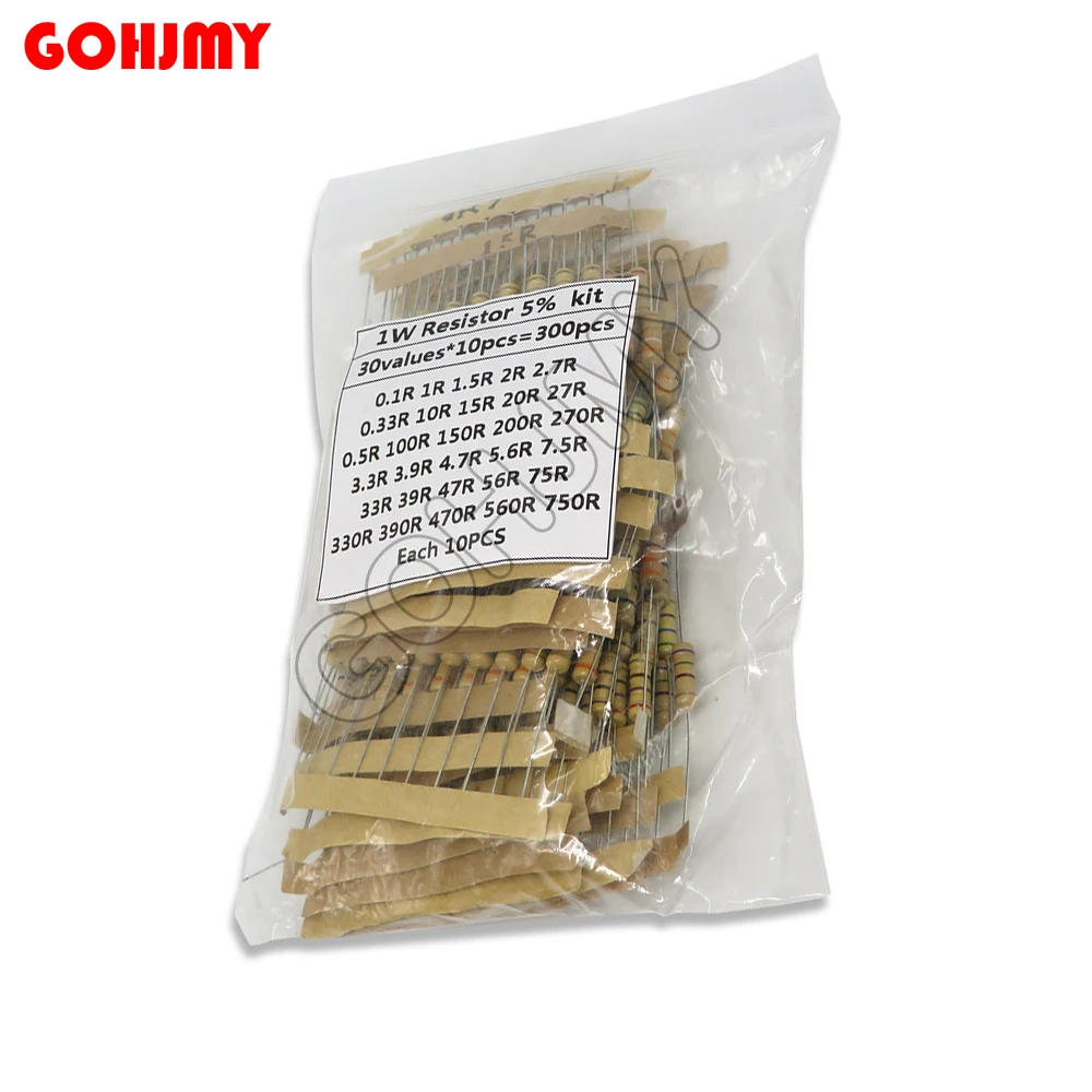 300PCS 30values X 10PCS Resistor Kit 1W 5% Carbon Film Resistance 0.1-750 ohm Set